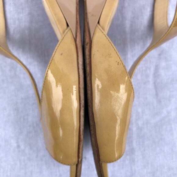 Jimmy Choo Shoes Tan Patent Leather T Strap Wedge Sandal Made in Italy Flawed 39 - Picture 5 of 14